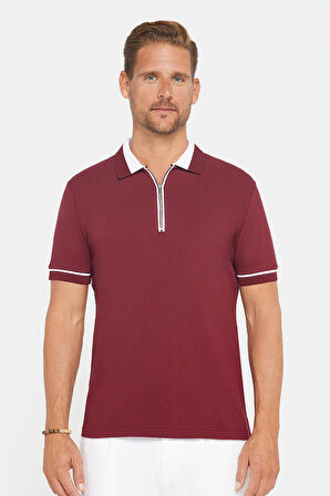 Erkek Slim Fit Dar Kesim %100 Pamuk Düz Pike Fermuarlı Bordo Polo Yaka Tişört