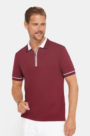 Erkek Slim Fit Dar Kesim %100 Pamuk Düz Pike Fermuarlı Bordo Polo Yaka Tişört