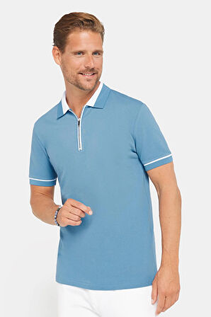 Erkek Slim Fit Dar Kesim %100 Pamuk Düz Pike Fermuarlı Mavi Polo Yaka Tişört
