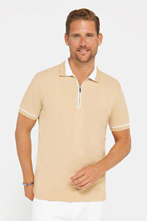 Erkek Slim Fit Dar Kesim %100 Pamuk Düz Pike Fermuarlı Kum Rengi Polo Yaka Tişört