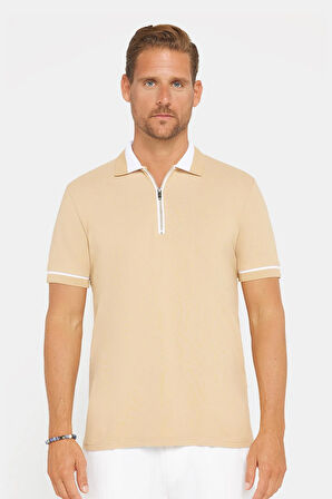 Erkek Slim Fit Dar Kesim %100 Pamuk Düz Pike Fermuarlı Kum Rengi Polo Yaka Tişört