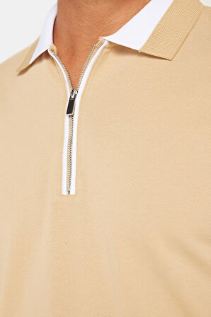 Erkek Slim Fit Dar Kesim %100 Pamuk Düz Pike Fermuarlı Kum Rengi Polo Yaka Tişört