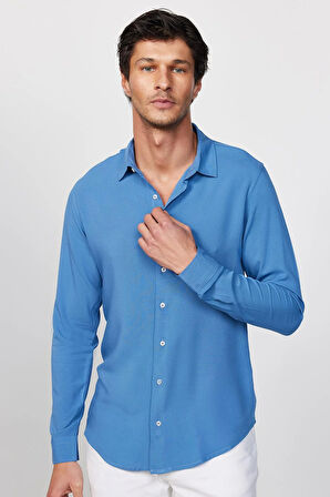Slim Fit Uzun Kollu Dar Kesim Dökümlü Viskon Şık İndigo Erkek Gömlek