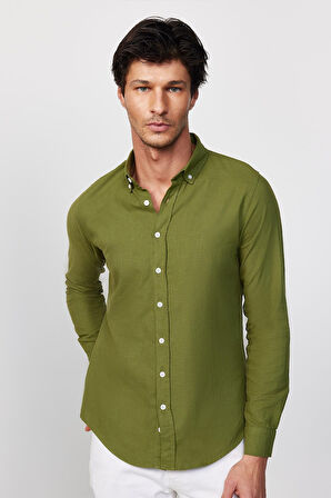 Erkek Slim Fit Dar Kesim %100 Pamuk Keten Doku Düğmeli Yaka Haki Gömlek