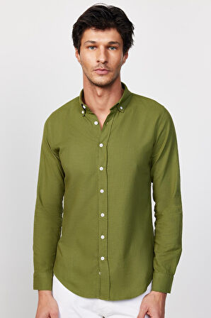 Erkek Slim Fit Dar Kesim %100 Pamuk Keten Doku Düğmeli Yaka Haki Gömlek