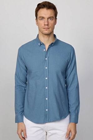 Erkek Slim Fit Dar Kesim %100 Pamuk Keten Doku Düğmeli Yaka Indigo Gömlek
