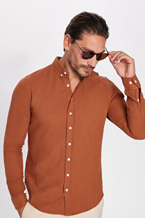 Erkek Slim Fit Dar Kesim %100 Pamuk Keten Doku Düğmeli Yaka Kiremit Renk Gömlek