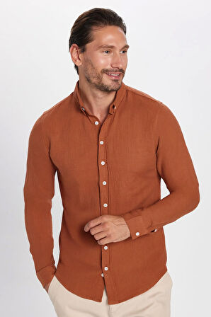 Erkek Slim Fit Dar Kesim %100 Pamuk Keten Doku Düğmeli Yaka Kiremit Renk Gömlek