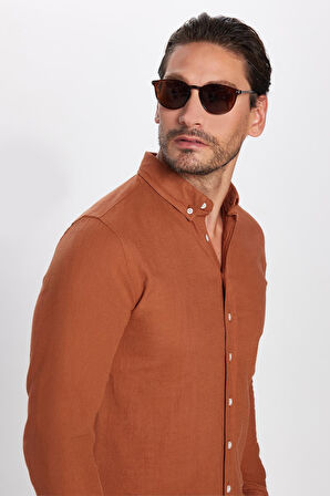 Erkek Slim Fit Dar Kesim %100 Pamuk Keten Doku Düğmeli Yaka Kiremit Renk Gömlek