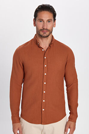 Erkek Slim Fit Dar Kesim %100 Pamuk Keten Doku Düğmeli Yaka Kiremit Renk Gömlek