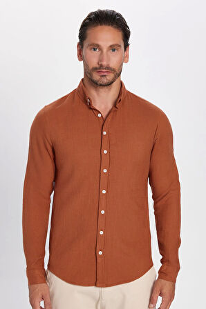 Erkek Slim Fit Dar Kesim %100 Pamuk Keten Doku Düğmeli Yaka Kiremit Renk Gömlek