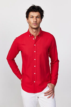 Erkek Slim Fit Dar Kesim %100 Pamuk Keten Doku Düğmeli Yaka Kırmızı Gömlek
