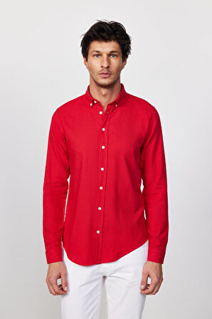 Erkek Slim Fit Dar Kesim %100 Pamuk Keten Doku Düğmeli Yaka Kırmızı Gömlek