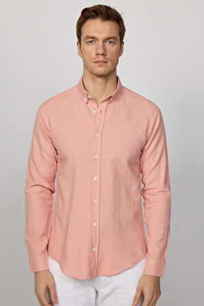 Erkek Slim Fit Dar Kesim %100 Pamuk Keten Doku Düğmeli Yaka Pudra Renk Gömlek
