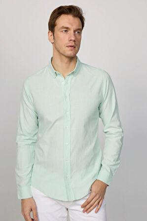 Erkek Slim Fit Dar Kesim %100 Pamuk Keten Doku Düğmeli Yaka Mint Gömlek