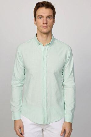 Erkek Slim Fit Dar Kesim %100 Pamuk Keten Doku Düğmeli Yaka Mint Gömlek