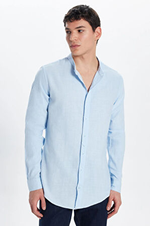 Erkek Slim Fit Dar Kesim Uzun Kollu %100 Pamuk Keten Doku Hakim Yaka Mavi Gömlek