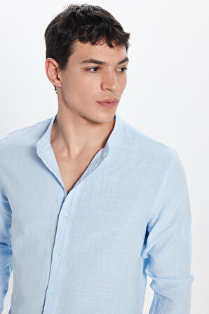 Erkek Slim Fit Dar Kesim Uzun Kollu %100 Pamuk Keten Doku Hakim Yaka Mavi Gömlek