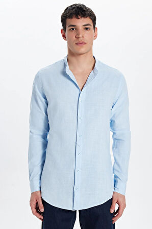 Erkek Slim Fit Dar Kesim Uzun Kollu %100 Pamuk Keten Doku Hakim Yaka Mavi Gömlek