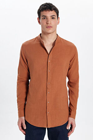 Erkek Slim Fit Dar Kesim Uzun Kollu %100 Pamuk Keten Doku Hakim Yaka Kiremit Renk Gömlek