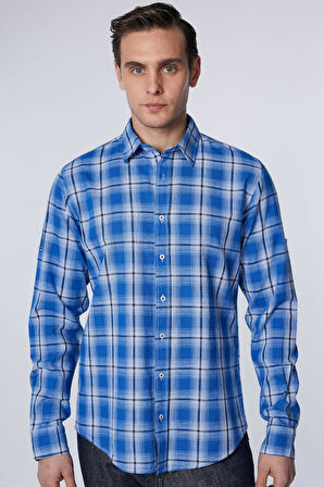 Erkek Slim Fit Dar Kesim Uzun Kollu %100 Pamuk Keten Doku Kareli Gömlek
