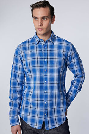 Erkek Slim Fit Dar Kesim Uzun Kollu %100 Pamuk Keten Doku Kareli Gömlek