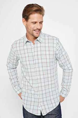 Erkek Slim Fit Dar Kesim Uzun Kollu %100 Pamuk Keten Doku Kareli Gömlek