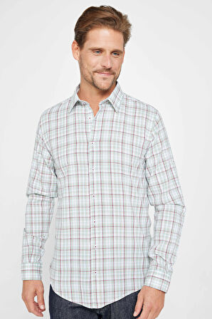 Erkek Slim Fit Dar Kesim Uzun Kollu %100 Pamuk Keten Doku Kareli Gömlek