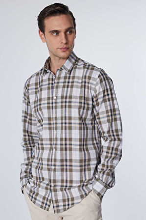 Erkek Slim Fit Dar Kesim Uzun Kollu %100 Pamuk Keten Doku Kareli Gömlek