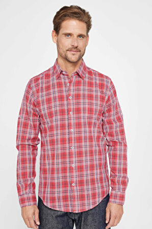 Erkek Slim Fit Dar Kesim Uzun Kollu %100 Pamuk Keten Doku Kareli Gömlek