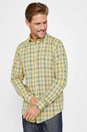 Erkek Slim Fit Dar Kesim Uzun Kollu %100 Pamuk Keten Doku Kareli Gömlek