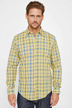 Erkek Slim Fit Dar Kesim Uzun Kollu %100 Pamuk Keten Doku Kareli Gömlek