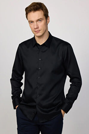 Slim Fit Siyah Non-Iron %100 Pamuk Doğa Dostu Ekoteks Belgeli Ütü Gerektirmez Gömlek