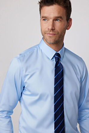 Slim Fit Mavi Non-Iron %100 Pamuk Doğa Dostu Ekoteks Belgeli Ütü Gerektirmez Gömlek