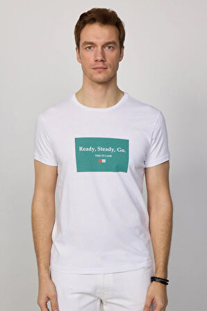 Erkek Slim Fit Dar Kesim %100 Pamuk Yumuşak Dokulu Baskılı Beyaz Bisiklet Yaka Tişört