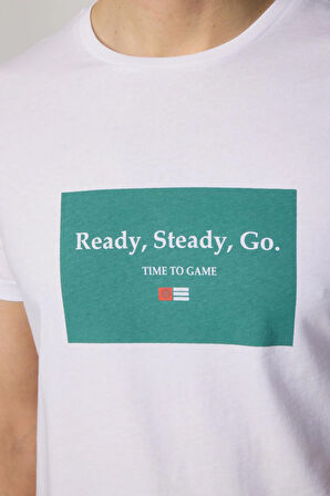 Erkek Slim Fit Dar Kesim %100 Pamuk Yumuşak Dokulu Baskılı Beyaz Bisiklet Yaka Tişört