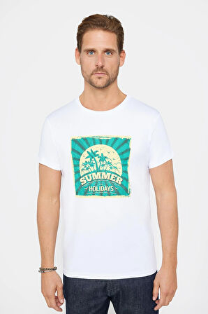 Erkek Slim Fit Dar Kesim %100 Pamuk Yumuşak Dokulu Baskılı Beyaz Bisiklet Yaka Tişört