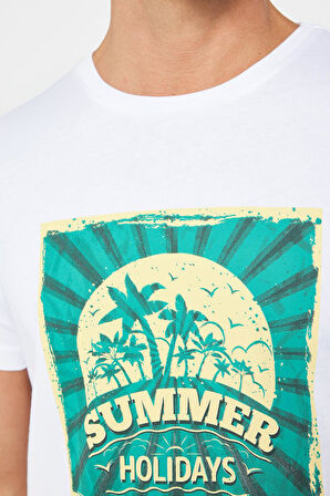 Erkek Slim Fit Dar Kesim %100 Pamuk Yumuşak Dokulu Baskılı Beyaz Bisiklet Yaka Tişört