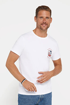 Erkek Slim Fit Dar Kesim %100 Pamuk Yumuşak Dokulu Baskılı Beyaz Bisiklet Yaka Tişört