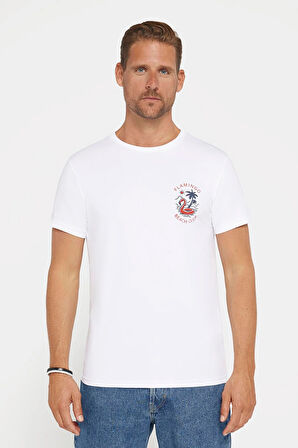 Erkek Slim Fit Dar Kesim %100 Pamuk Yumuşak Dokulu Baskılı Beyaz Bisiklet Yaka Tişört