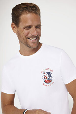 Erkek Slim Fit Dar Kesim %100 Pamuk Yumuşak Dokulu Baskılı Beyaz Bisiklet Yaka Tişört