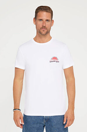 Erkek Slim Fit Dar Kesim %100 Pamuk Yumuşak Dokulu Baskılı Beyaz Bisiklet Yaka Tişört