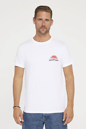 Erkek Slim Fit Dar Kesim %100 Pamuk Yumuşak Dokulu Baskılı Beyaz Bisiklet Yaka Tişört