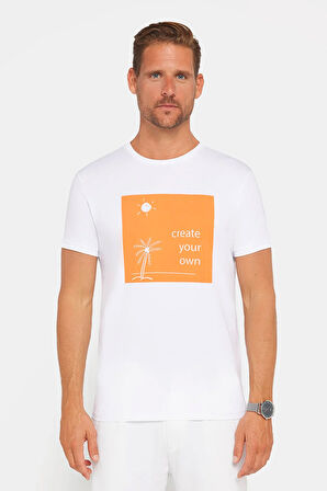 Erkek Slim Fit Dar Kesim %100 Pamuk Yumuşak Dokulu Baskılı Beyaz Bisiklet Yaka Tişört