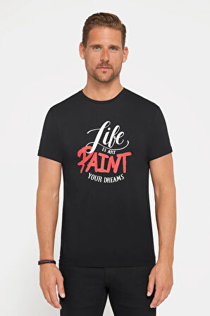 Erkek Slim Fit Dar Kesim %100 Pamuk Yumuşak Dokulu Baskılı Siyah Bisiklet Yaka Tişört