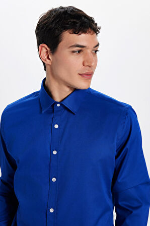 Erkek Slim Fit Dar Kesim Uzun Kollu Pamuklu Premium Seri Cotton Likralı Saks Mavi Gömlek
