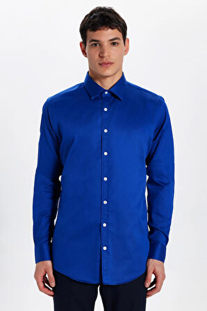 Erkek Slim Fit Dar Kesim Uzun Kollu Pamuklu Premium Seri Cotton Likralı Saks Mavi Gömlek