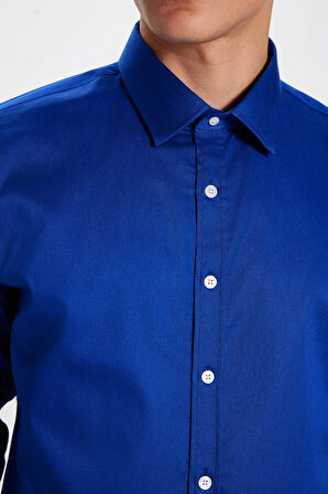 Erkek Slim Fit Dar Kesim Uzun Kollu Pamuklu Premium Seri Cotton Likralı Saks Mavi Gömlek