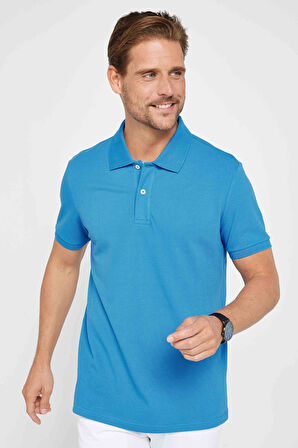 Erkek Slim Fit Dar Kesim %100 Pamuk Düz Pike Sax Mavi Polo Yaka Tişört