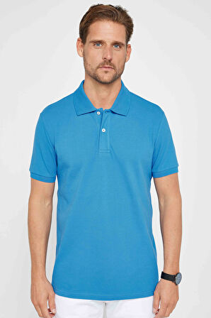 Erkek Slim Fit Dar Kesim %100 Pamuk Düz Pike Sax Mavi Polo Yaka Tişört